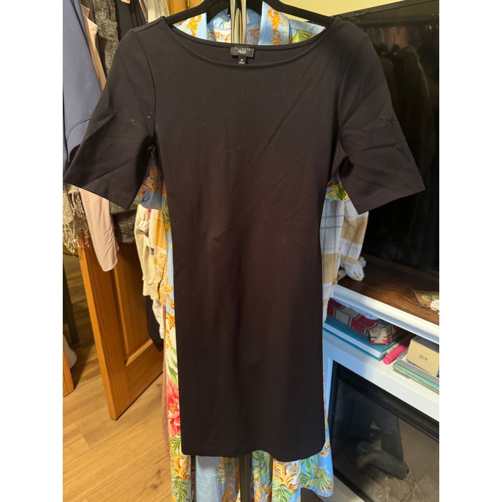Talbots Petites Black Ponte Knit Belted Sheath Dress 8P Short Sleeve Boat Neck